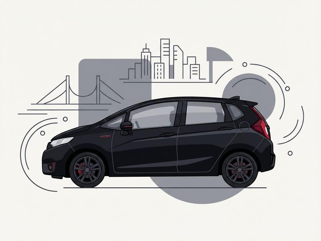 Honda Jazz hybride auto in profiel tegen stadsskyline, zwart met rode accenten in minimalistische illustratiestijl