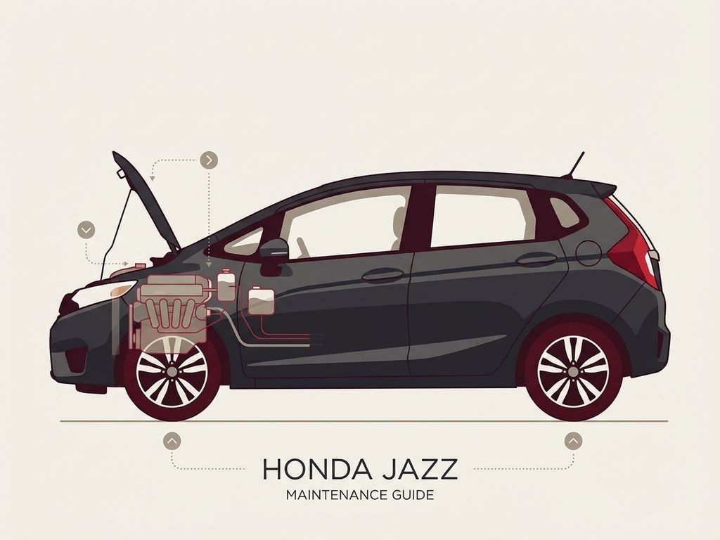Honda Jazz compact auto in zijaanzicht met open motorkap voor onderhoudscontrole, minimalistisch design in rood en zwart