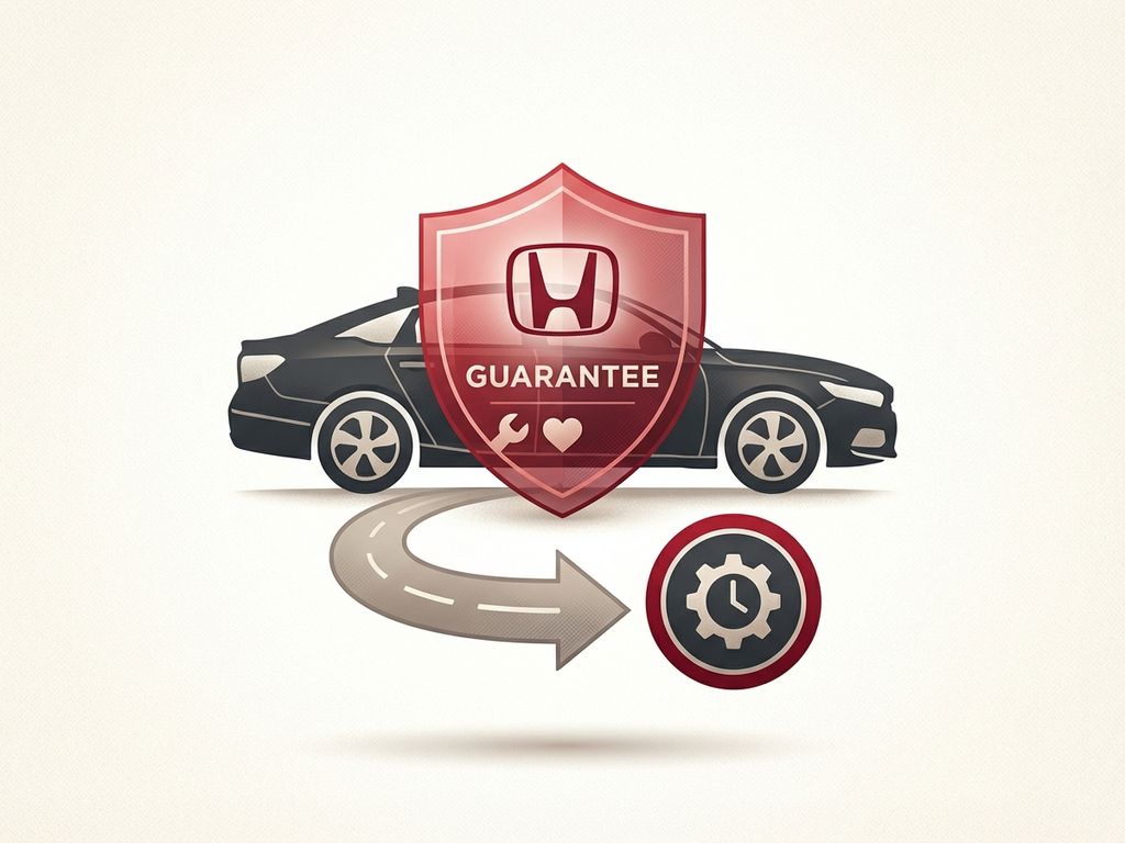 Honda voertuig silhouet met beschermend schild en garantie badge, illustratie voor mobiliteitsgarantie artikel