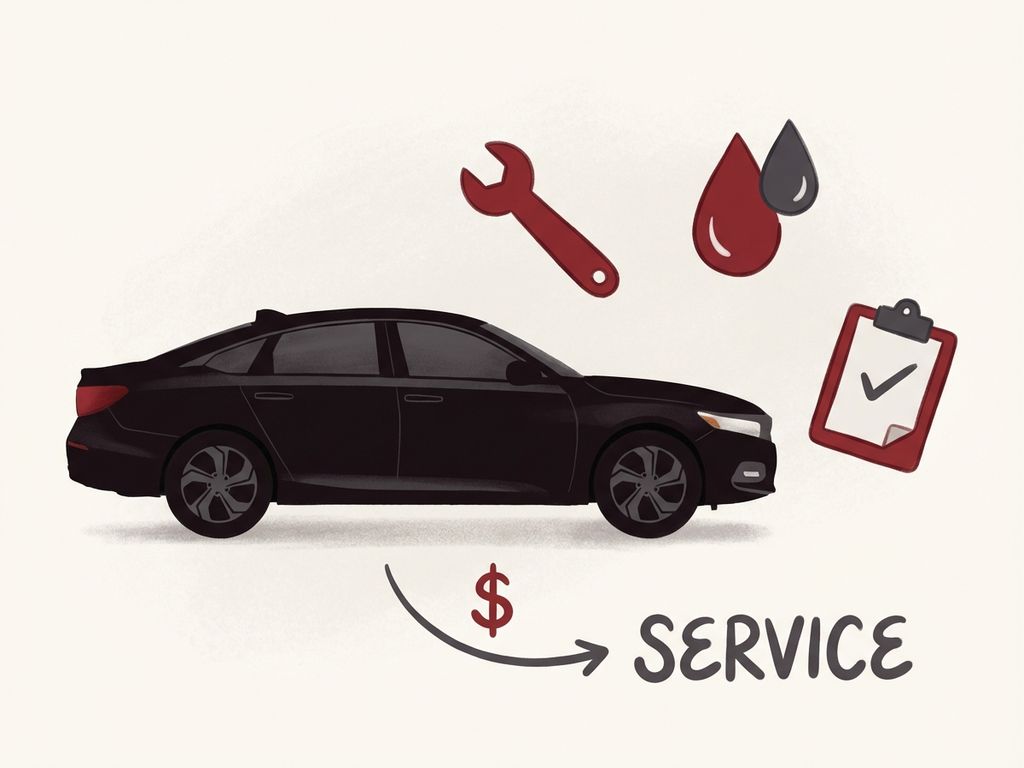 Honda auto silhouet met onderhoudsiconen zoals moersleutel, oliedruppel en servicelijst voor onderhoudskosten artikel