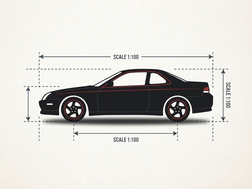 Honda Prelude silhouet in zwart met rode accenten, sportief profiel met geometrische meetlijnen op witte achtergrond