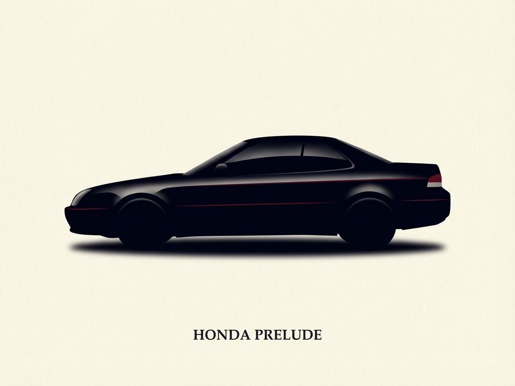 Honda Prelude coupé silhouet in zwart met rode accenten op crème achtergrond, minimalistische automotive illustratie