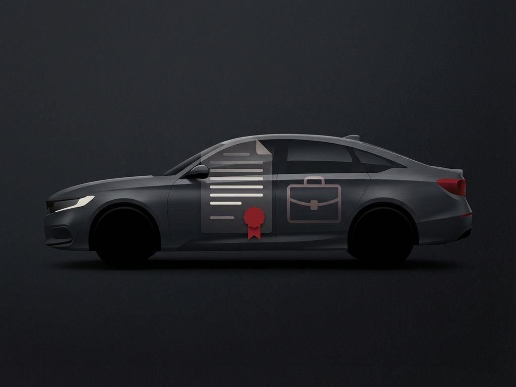 Honda voertuig silhouet met lease documenten en aktetas voor zakelijke lease artikel, minimalistisch design