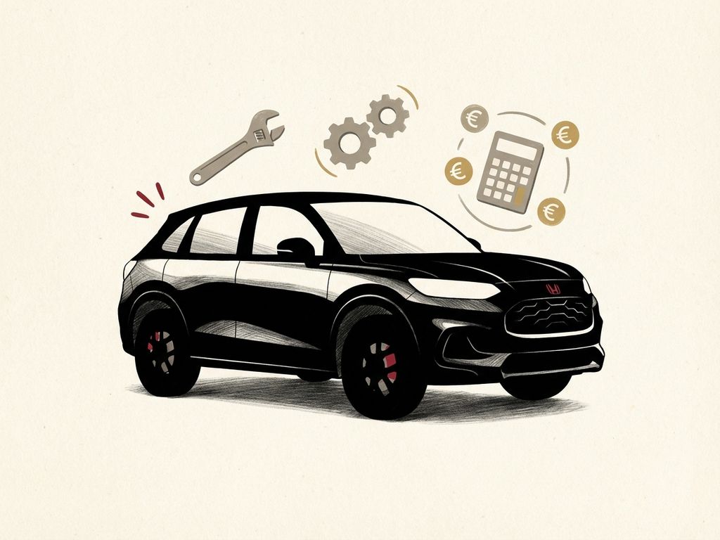 Honda ZR-V crossover silhouet met onderhoudssymbolen zoals sleutel, tandwiel en calculator op crème achtergrond