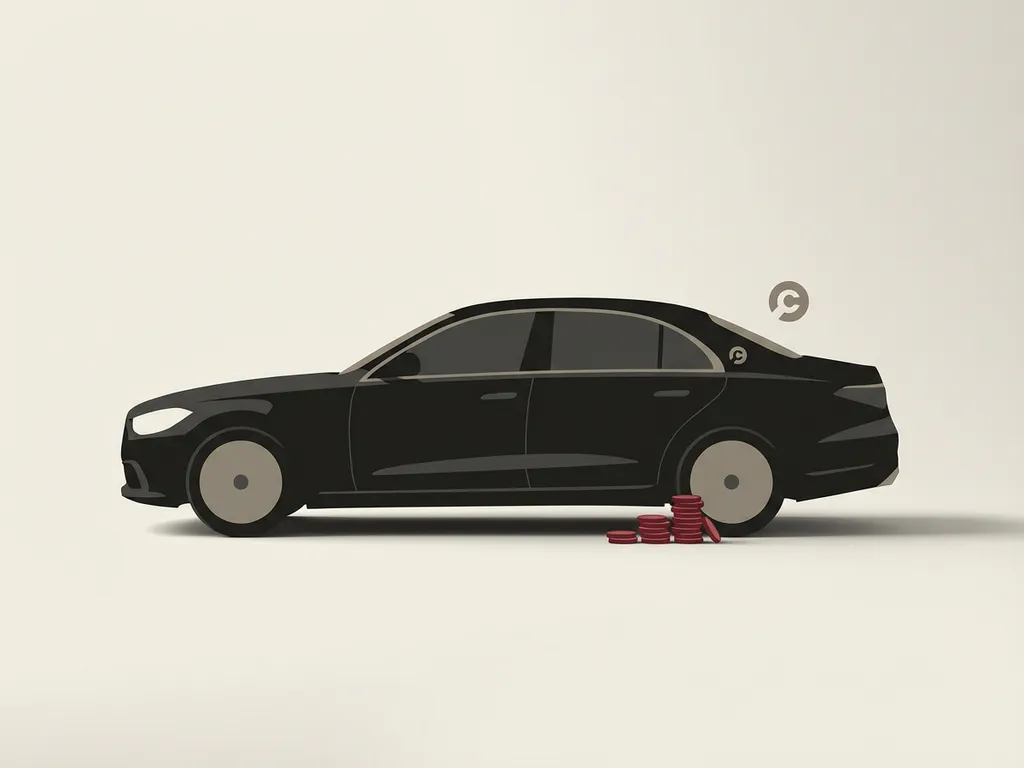 Zwarte premium auto in zijaanzicht op off-white studio, rode munten onder achterwiel, minimalistische illustratie over afschrijving