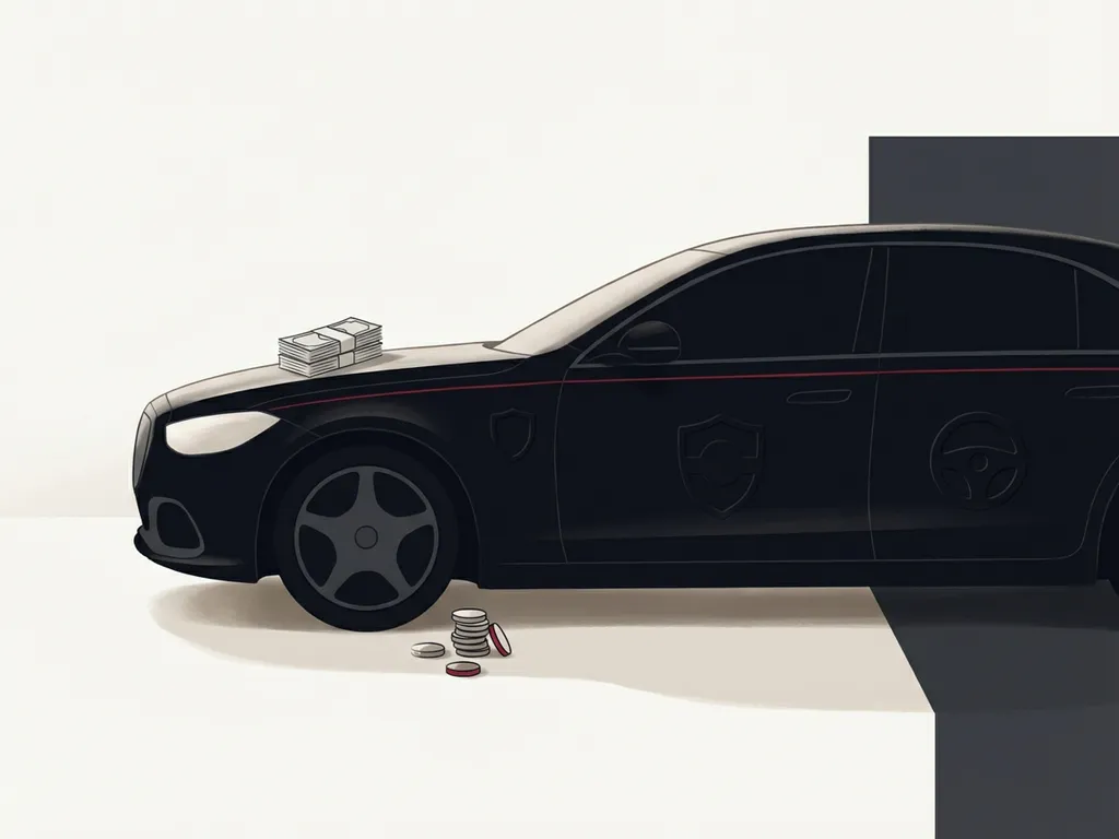 Zwarte premium auto in zijaanzicht met stapel cash op de motorkap en munten bij het voorwiel, rode accentlijn
