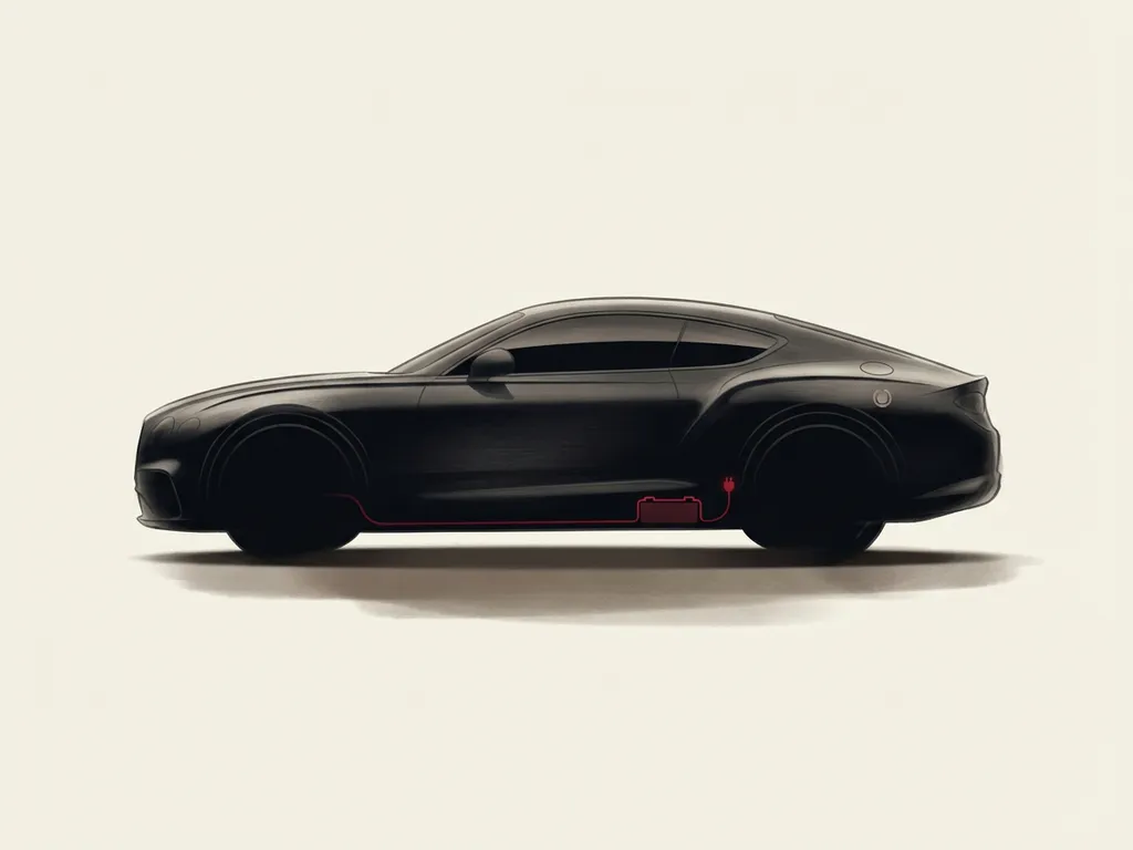 Zwarte premium auto zijaanzicht silhouet met rode batterij en laadplug, grijze brandstofdop op crèmekleurige achtergrond