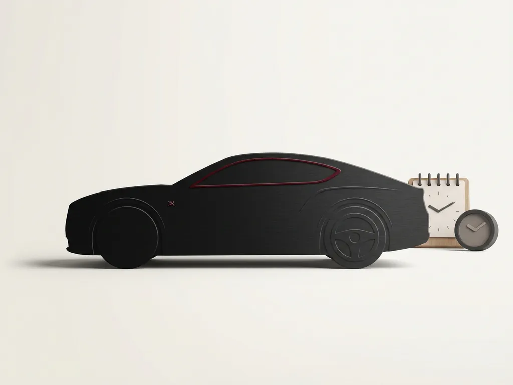 Zwarte premium auto zijaanzicht silhouet met rode accentlijn naast minimalistische kalender en klok op off-white studio-oppervlak