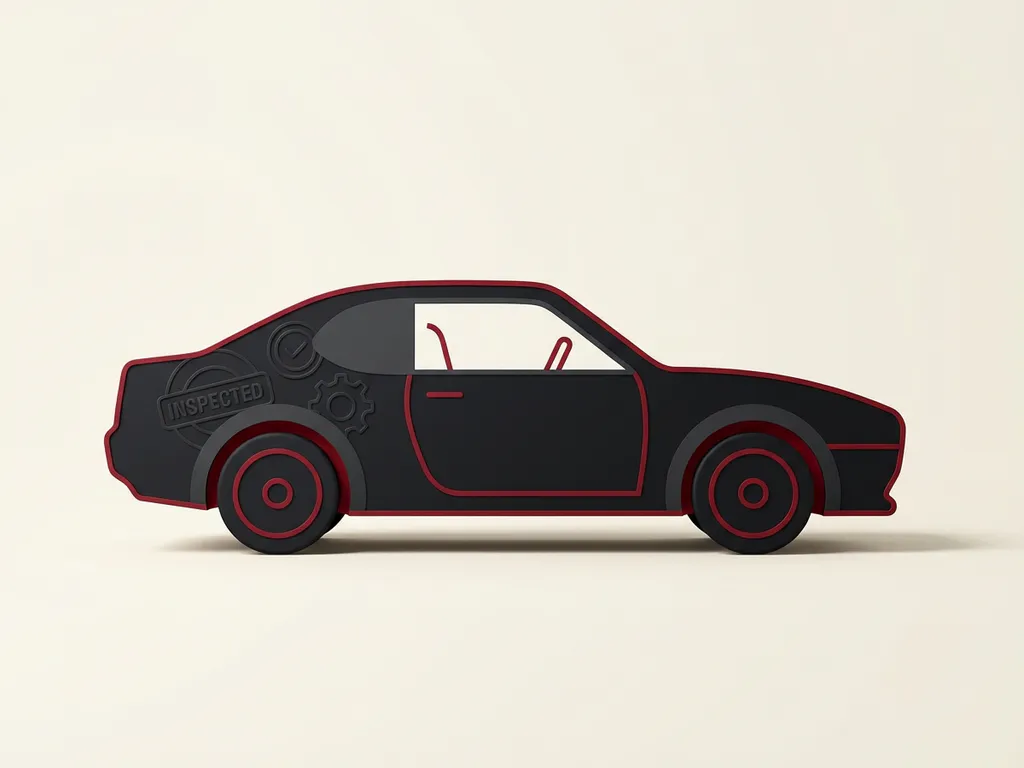 Zwarte auto-silhouet zijaanzicht met rode accenten en keuringsstempel, minimalistische premium illustratie op crèmekleurige achtergrond