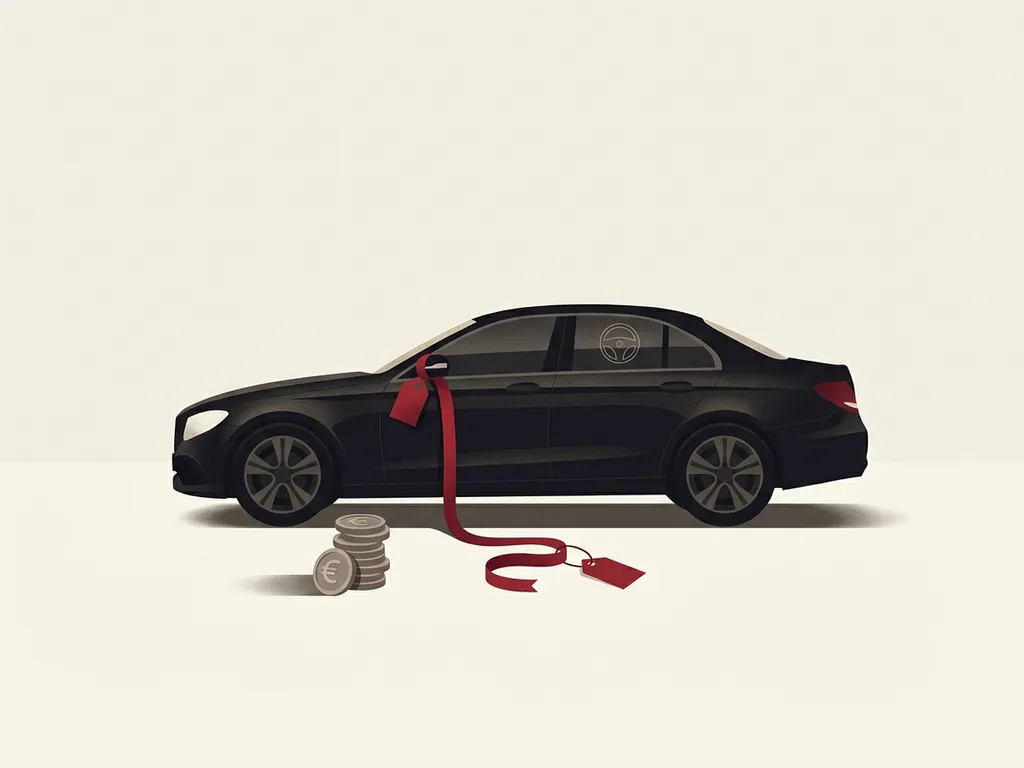 Zwarte premium auto zijaanzicht met rood prijslabel aan spiegel en euro munten bij voorwiel op crèmekleurige studiovloer