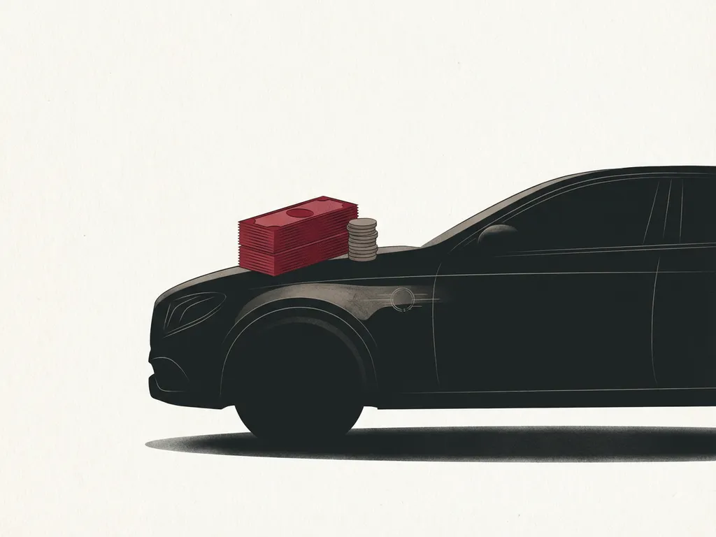 Zwarte premium auto in zijaanzicht met stapel rode bankbiljetten en munten op de motorkap, minimalistische illustratie