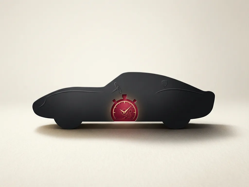Zwarte minimalistische auto-silhouet met rode stopwatchdetail op crèmekleurige achtergrond, premium embleem en schaduw