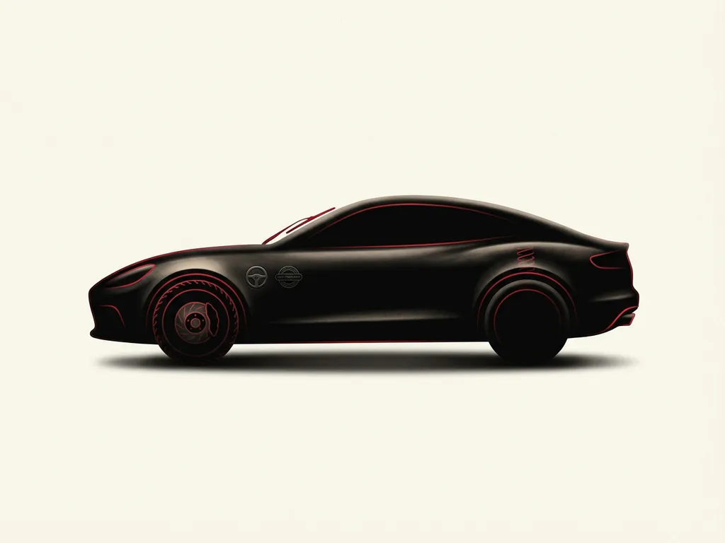 Premium auto silhouet in zijaanzicht, zwart met rode accentlijn, minimalistisch icoon op crèmekleurige achtergrond.