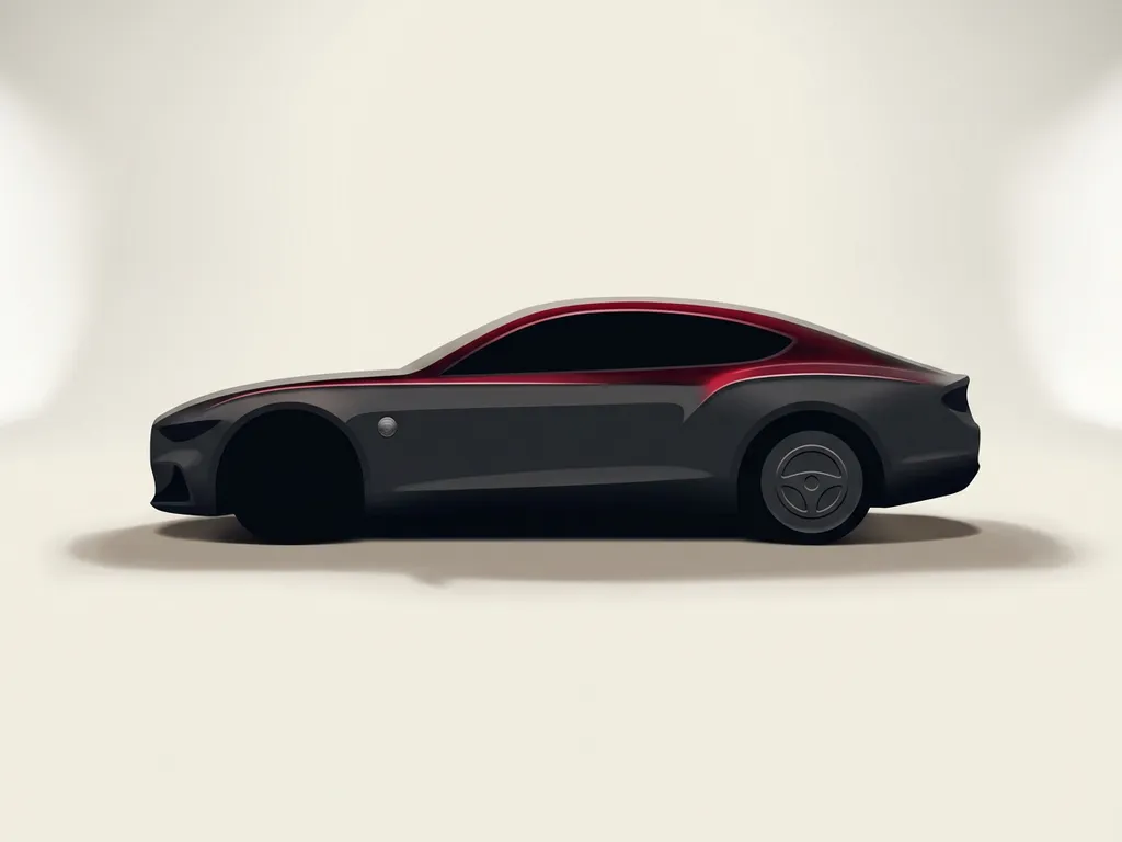 Premium auto silhouet zijaanzicht, zwart met rode accentlijn, subtiele badge, op crèmekleurige studio-achtergrond met zachte schaduw