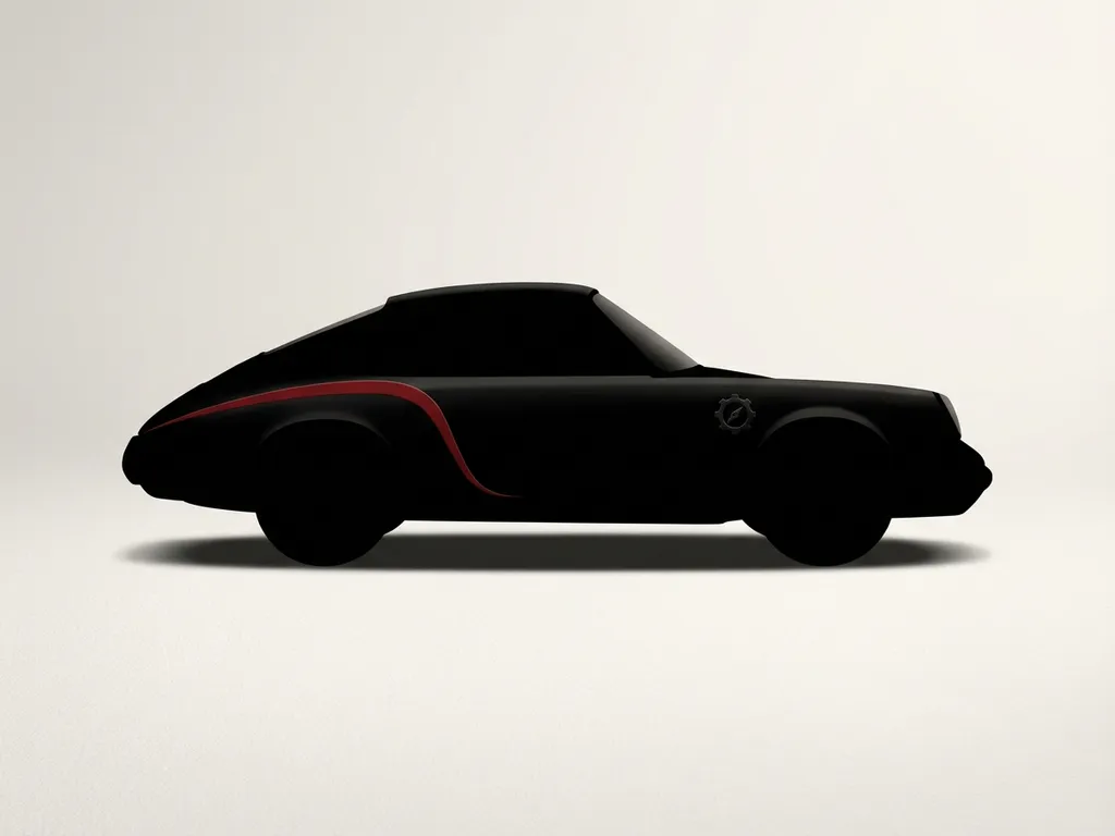 Zwarte auto-silhouet in zijaanzicht met rode accentlijn en premium badge op off-white achtergrond, minimalistische illustratie