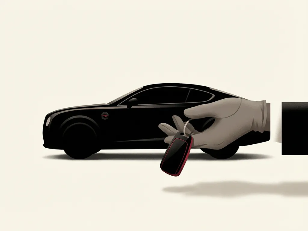 Zwarte premium auto in zijaanzicht met grijze handschoen die autosleutel aanbiedt, rode accenten op crèmekleurige achtergrond.