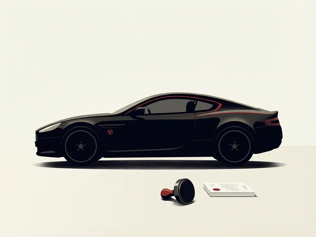 Zwarte premium auto zijaanzicht met papierwerk en stempel, private autoverkoop illustratie met subtiele rode accenten