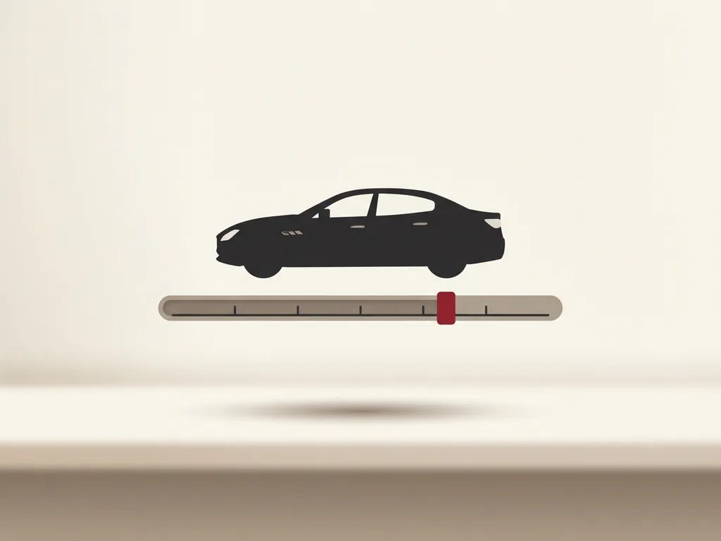 Zwarte premium auto zijaanzicht op minimalistische waarderingsschaal met rood accent, op crèmekleurige achtergrond