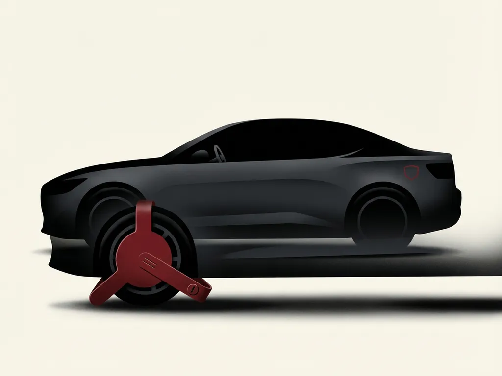 Zwarte premium auto in zijaanzicht met rode accenten en wielklem op voorwiel, minimalistische studio-illustratie over wegenbelasting