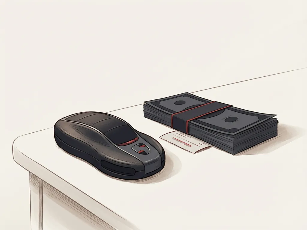 Premium autosleutel met stapel bankbiljetten en bon op off-white bureau, minimalistische editorial illustratie met rode accenten
