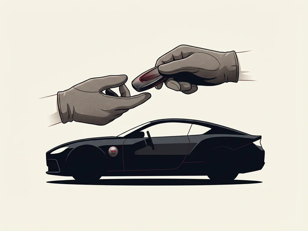 Premium autosleutel wordt overhandigd tussen handschoenen boven silhouet van luxe auto, minimalistische illustratie met rode accenten