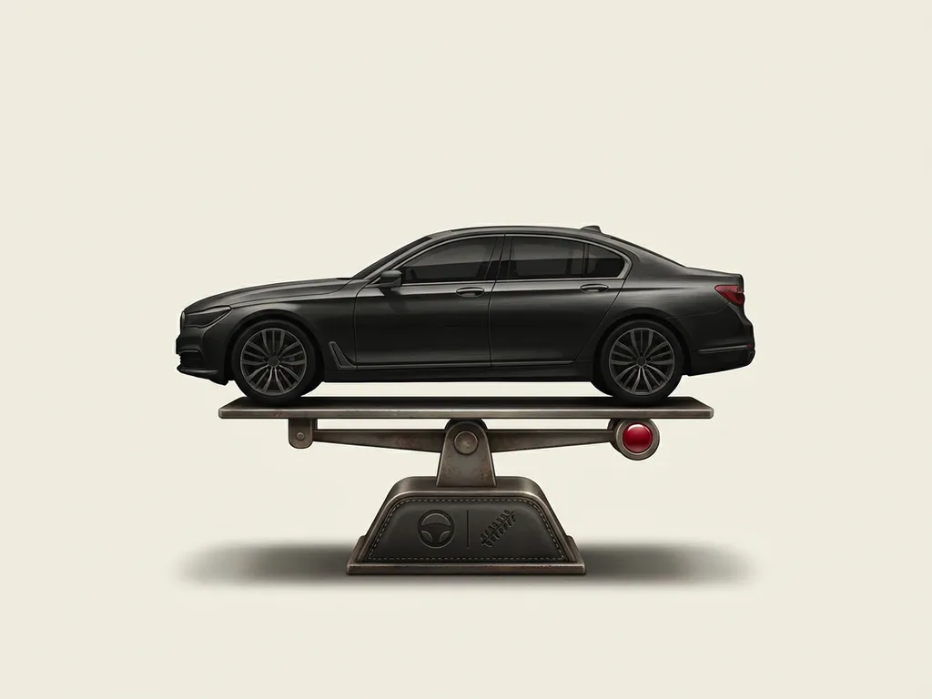 Zwarte premium auto-silhouet op minimalistische waarderingsweegschaal met rood gewicht, op crèmekleurige achtergrond