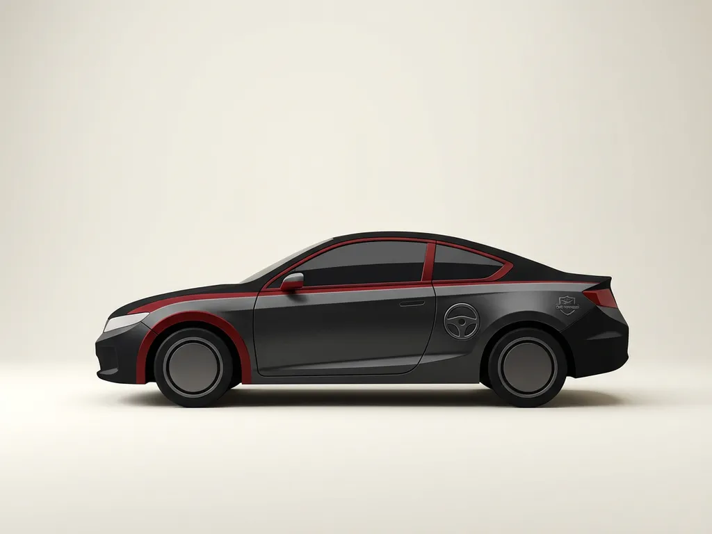 Semi-realistische Honda auto zijaanzicht-silhouet icoon in zwart met rode accenten op crèmekleurige studio-achtergrond