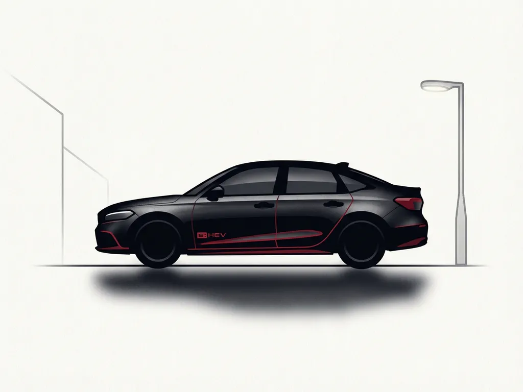 Honda Civic e:HEV zijaanzicht icoonillustratie met rode accentlijn, geparkeerd op rustige Eindhovense straat.