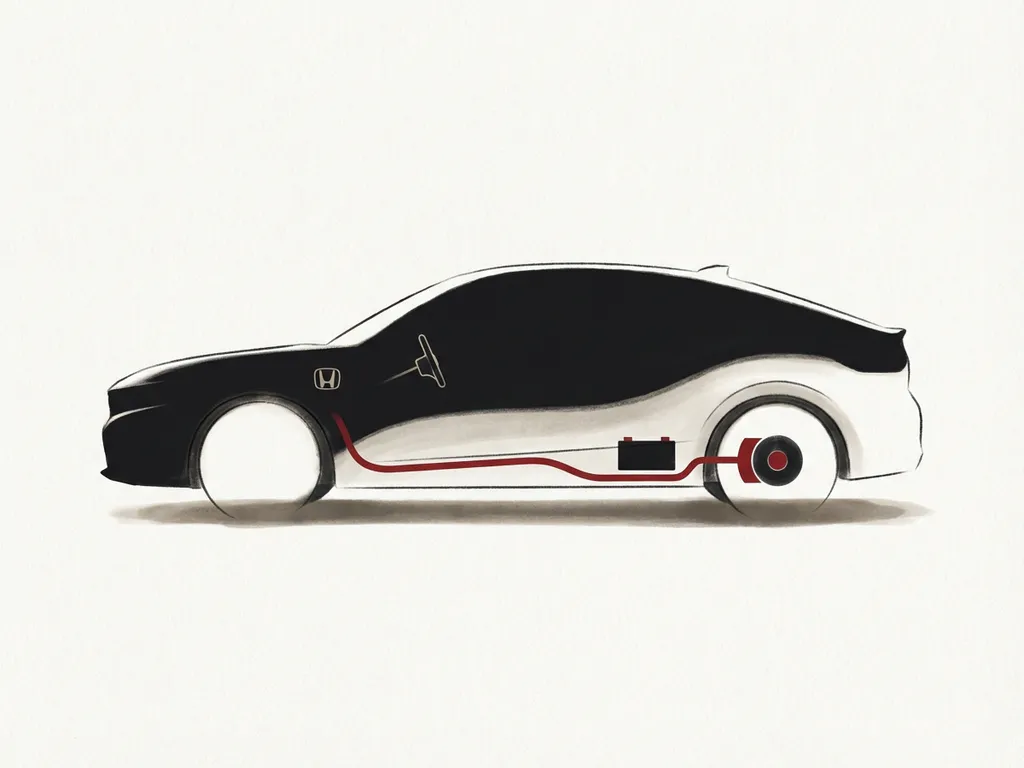Honda Civic e:HEV zijaanzicht silhouet in zwart met rode hybride energielijn en subtiele batterij- en motorcutaway
