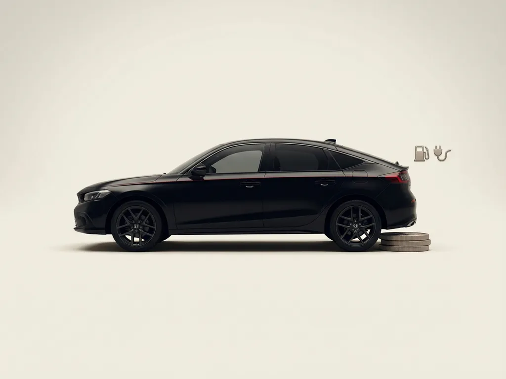 Honda Civic e:HEV zijaanzicht silhouet op crèmekleurige studio, wiel op stapel munten, brandstof- en laadbadge achteraan