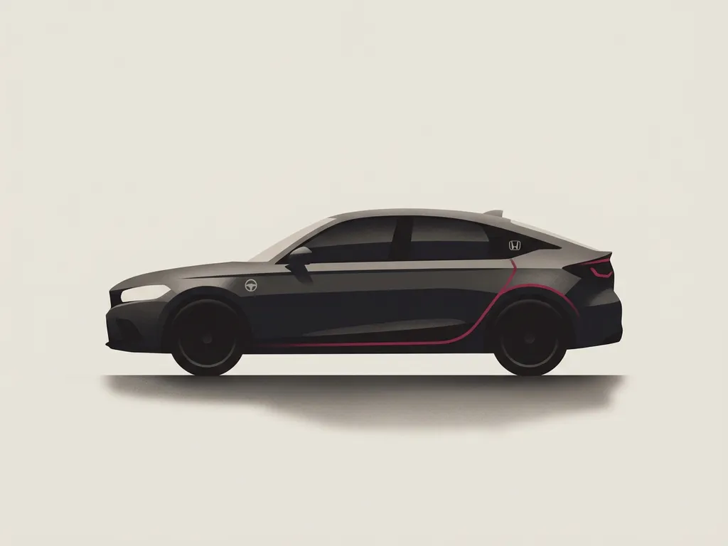 Minimalistische Honda Civic e:HEV zijaanzicht-silhouet als premium icoon, zwart met rode accentlijn op off-white achtergrond