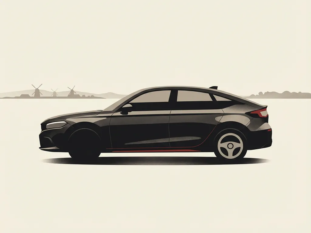 Honda Civic e:HEV hybride in zijaanzicht, minimalistische zwarte silhouet op crèmekleurige ondergrond, zachte ochtendhorizon Brabant