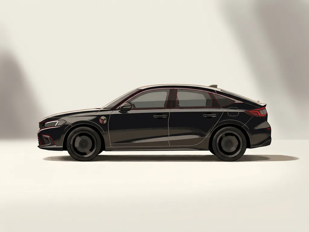 Minimalistische Honda Civic e:HEV hybride zijaanzicht-silhouet met rode accenten op crèmekleurige studio-achtergrond