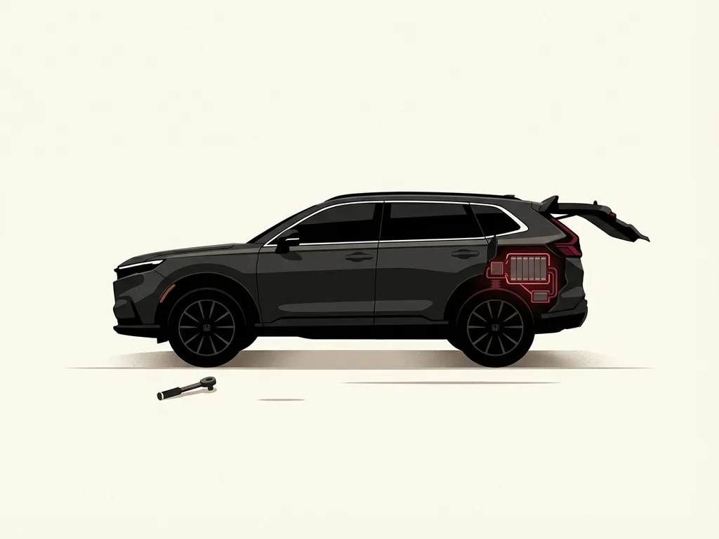 Honda CR‑V e:PHEV zijaanzicht icoon met zichtbaar batterijpakket, rode accenten en moersleutel symbool op crèmekleurige achtergrond