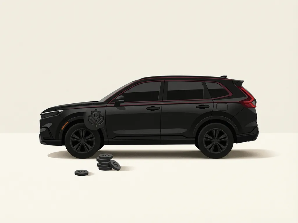 Honda CR‑V e:PHEV zijaanzicht in minimalistische studio, met kostenmunten bij voorwiel en subtiel badge-detail