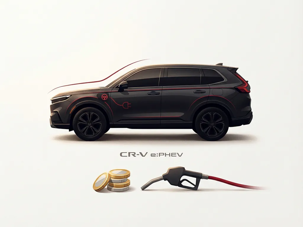 Honda CR-V e:PHEV zijaanzicht icoon met laadstekker, munten en brandstofpistool voor jaarlijkse gebruikskosten