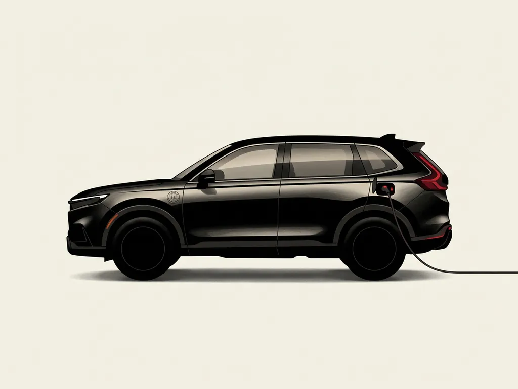 Minimalistische zijaanzichtillustratie van Honda CR‑V e:PHEV plug-in hybride met laadkabel op crèmekleurige achtergrond