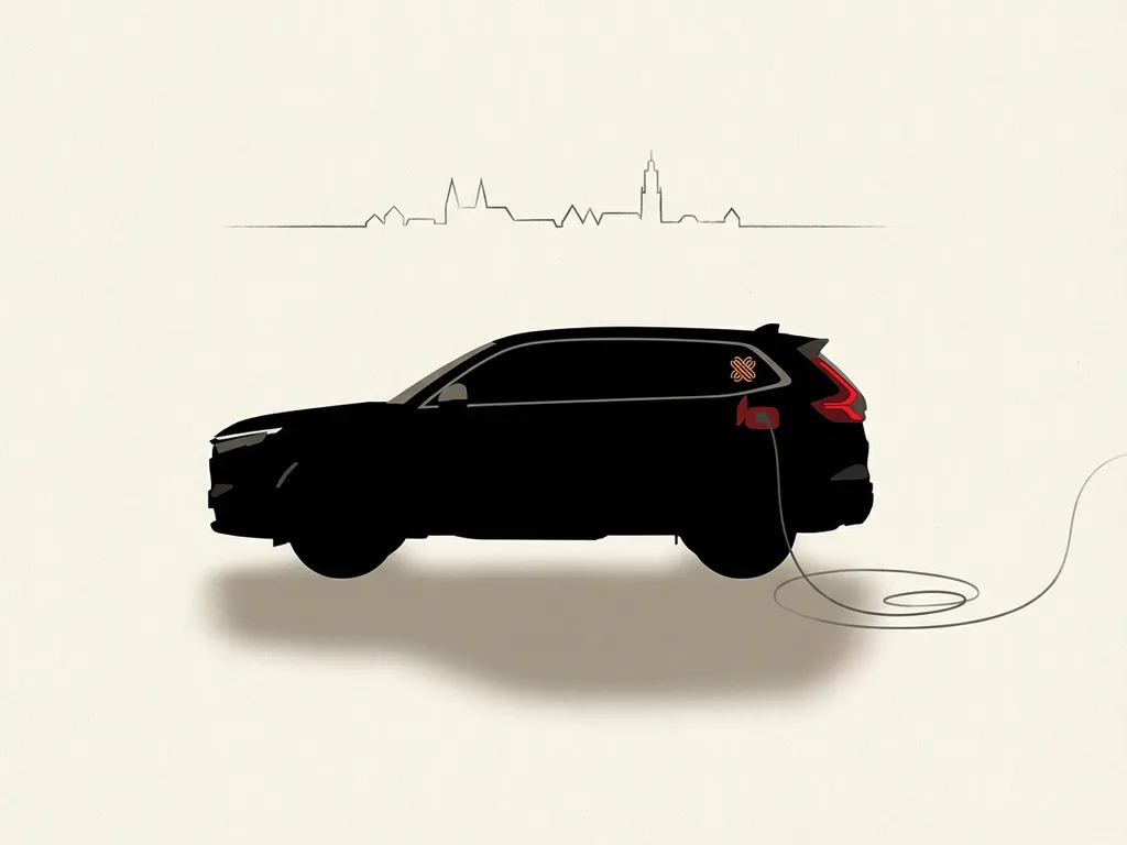 Honda CR‑V e:PHEV zijaanzicht silhouet met laadkabel, minimalistische Eindhoven-skyline op crèmekleurige achtergrond