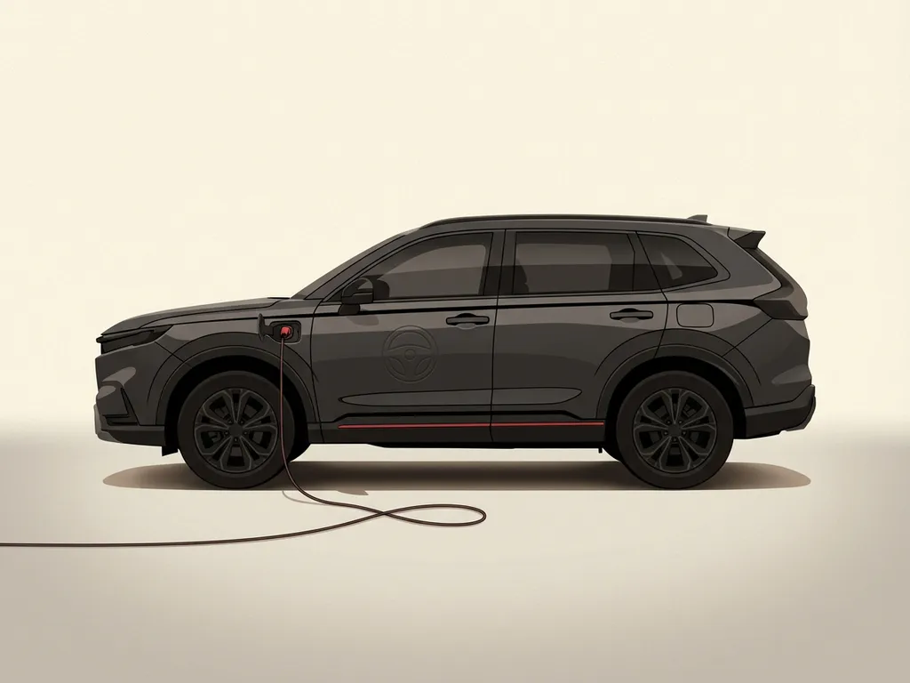 Honda CR‑V e:PHEV zijaanzicht met laadkabel in spatbord, minimalistische studio-illustratie op crèmekleurige achtergrond
