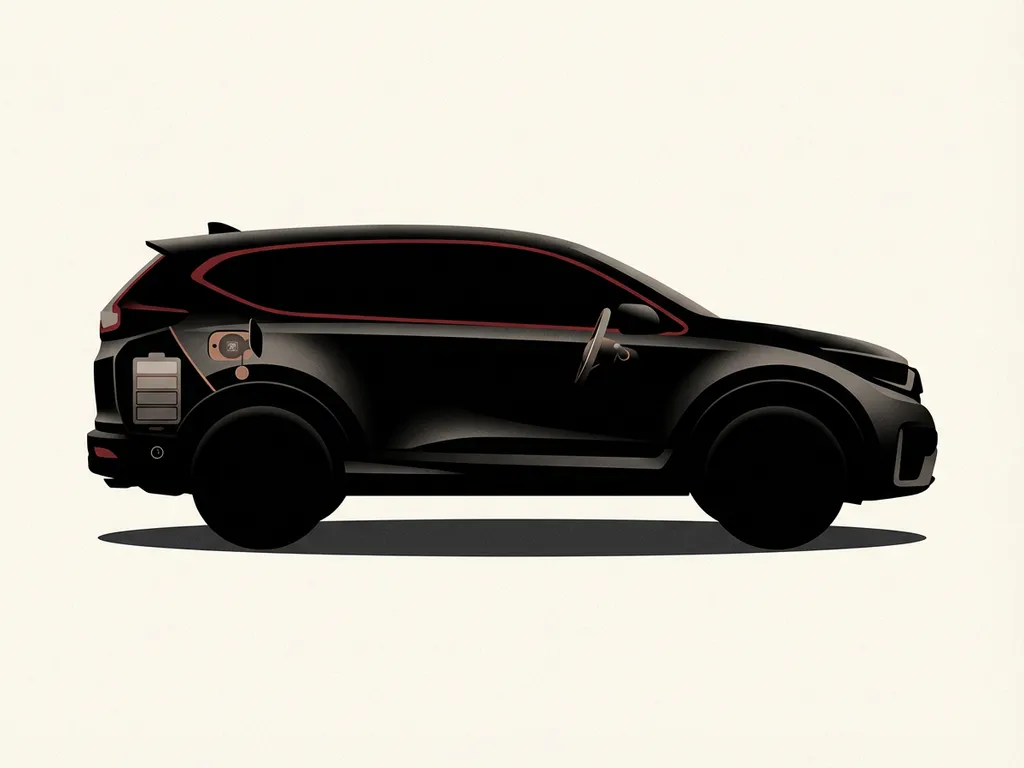 Honda CR-V zijaanzicht silhouet, minimalistische hybride illustratie met batterij-cutaway, rode accentlijn op crèmekleurige achtergrond