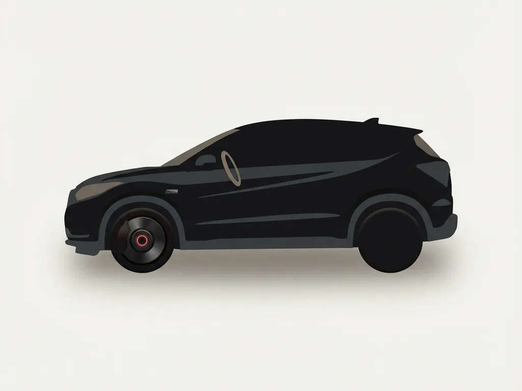 Honda HR-V e:HEV zijaanzicht silhouet, zwarte minimalistische auto-icoon met rode energiering in wiel op crèmekleurige achtergrond