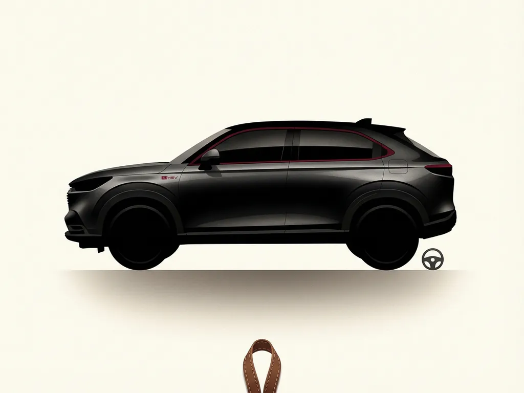 Honda HR-V e:HEV minimalistische zijaanzichtillustratie in zwart met rode accenten op crèmekleurige achtergrond