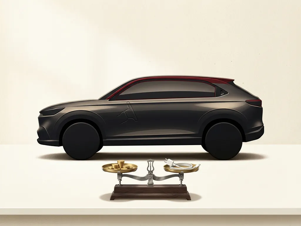Honda HR-V e:HEV zijprofiel icoon op tafel, weegschaal met munten en laadstekker, minimalistische illustratie