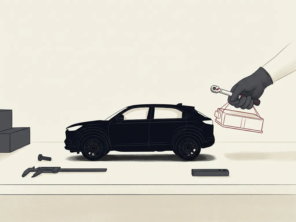 Honda HR-V e:HEV zijaanzicht met hybride accupack half uitgetild met momentsleutel, caliper en bout op crèmekleurige achtergrond