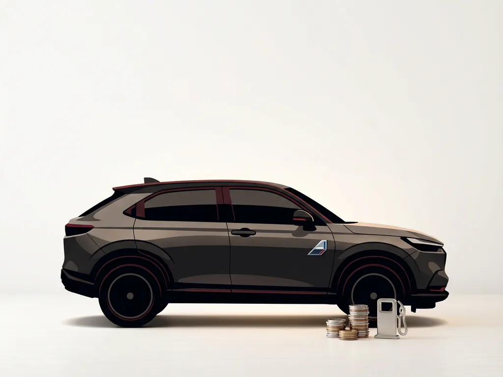 Honda HR-V e:HEV hybride zijaanzicht icoon met munten en brandstofpomp-token, minimalistisch op crèmekleurige achtergrond