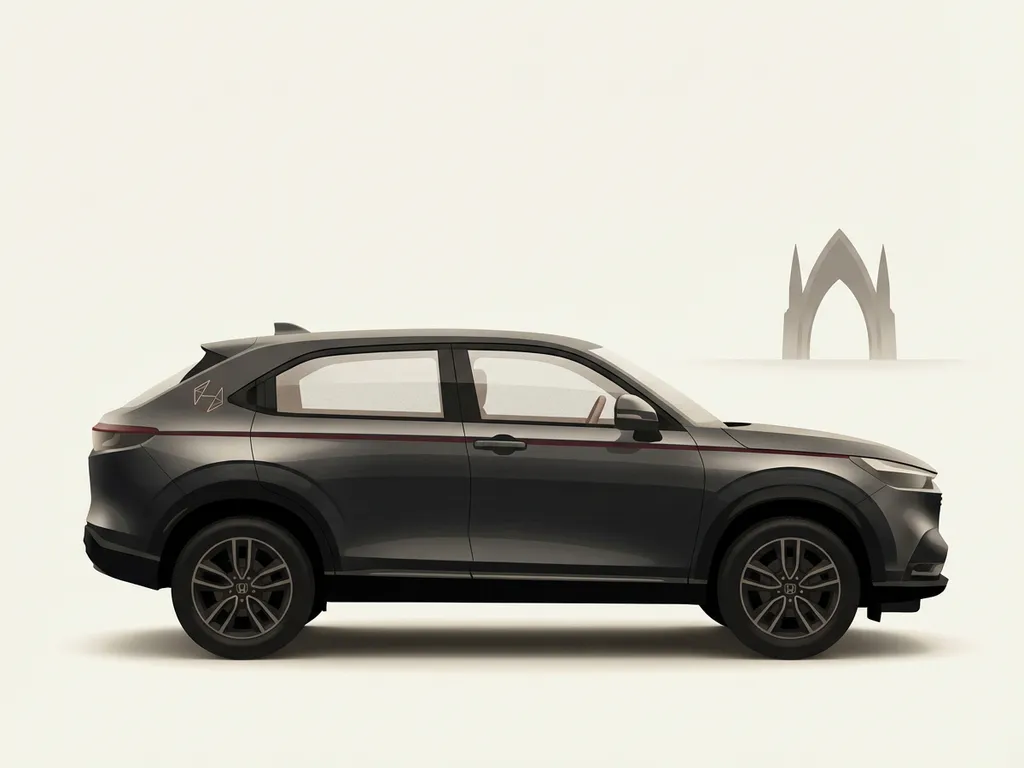 Honda HR-V e:HEV hybride in zijaanzicht, zwart met rode accentlijn, minimalistische illustratie met zachte schaduw en boog op achtergrond