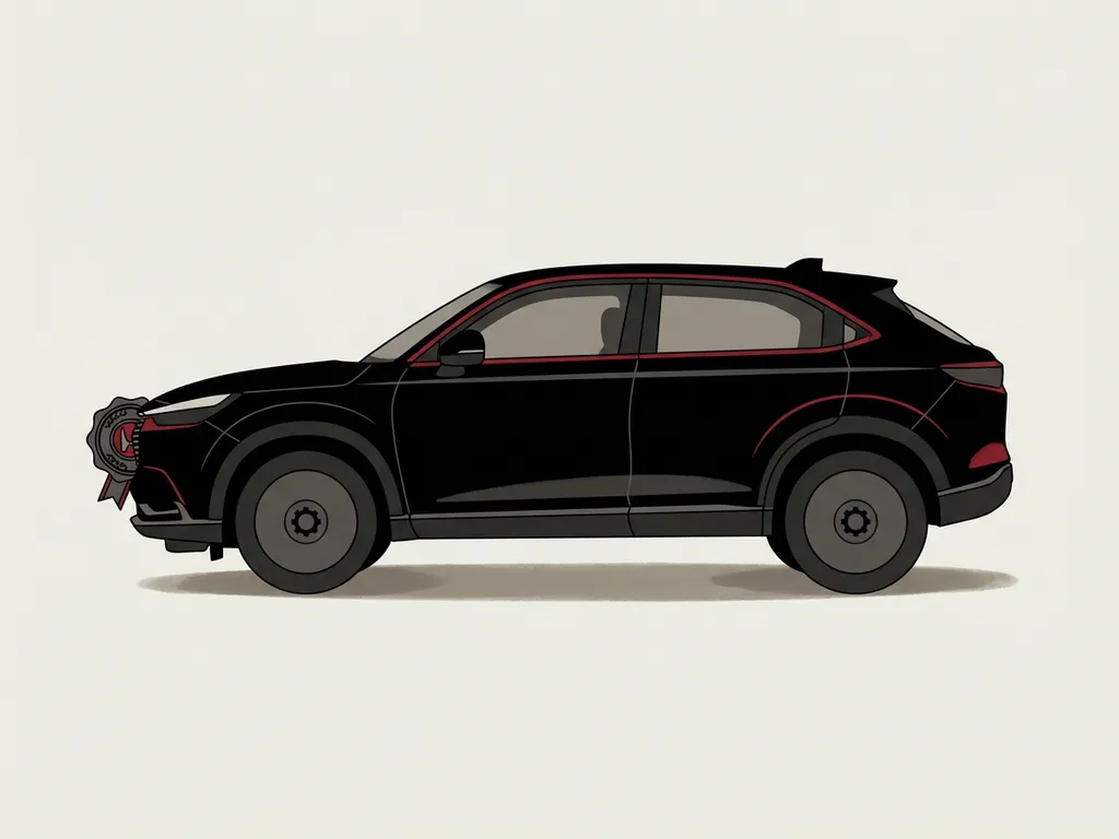 Honda HR-V e:HEV hybride zijaanzicht silhouet in zwart met rode accenten, minimalistische illustratie op crèmekleurige achtergrond