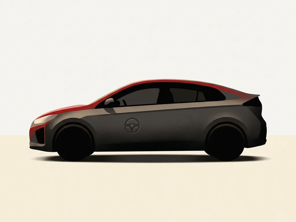 Honda hybride auto in zijaanzicht, minimalistische zwarte silhouet met rode accentlijn op crèmekleurige achtergrond.