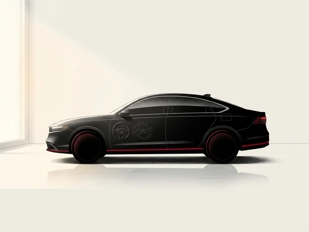 Zwarte Honda hybride auto in zijaanzicht met rode energielijn, minimalistische studio-illustratie met zachte schaduw, Eindhoven