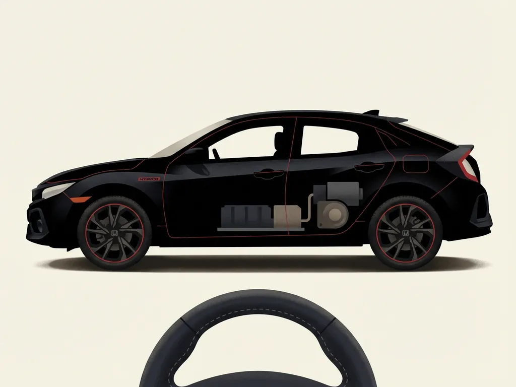 Honda hybride auto zijaanzicht, minimalistische zwarte iconillustratie met rode accenten, batterij en motor cutaway op crème achtergrond